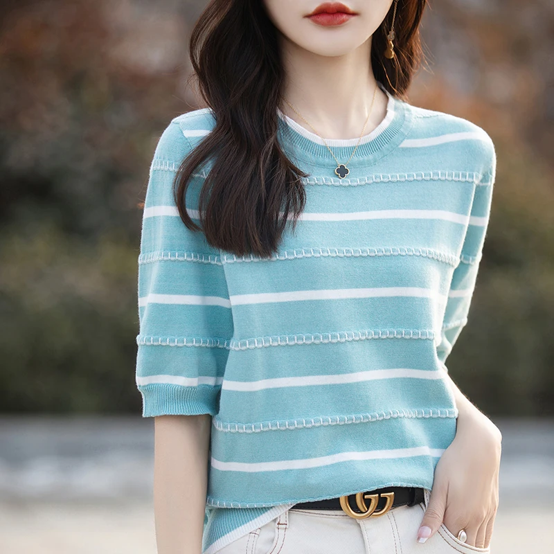 Women's T-shirt Summer 100% Cotton Sweater Short Sleeve Casual Striped Round Neck Ladies Tops Loose Blouse Hollow Pullover Tees image 4