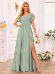 Hot Selling V Neckline Short Sleeves A-Line Chiffon Bridesmaid Dress Open Back Zipper High Slit Gowns For Wedding Guests 2024