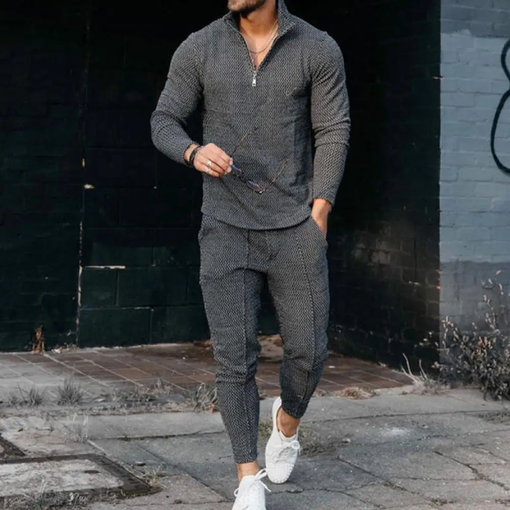 Men Tracksuit Autumn Casual Long Sleeve Zipper Stand Collar Top Trousers Suit Retro Sports Two-piece Set Jogging Suits For Men