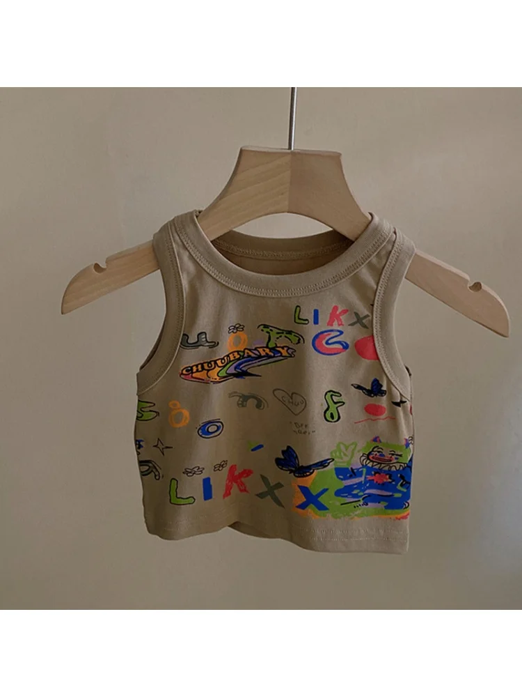 Little Girl Cute Cartoon Graffiti Vest2024Summer New Design Sense Lace Casual Pants Two-Piece Set