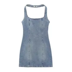 Tangada 2024 Summer Women Elegant Denim Halter Dress Sleeveless Zipper Female Mini Dresses 3H0223