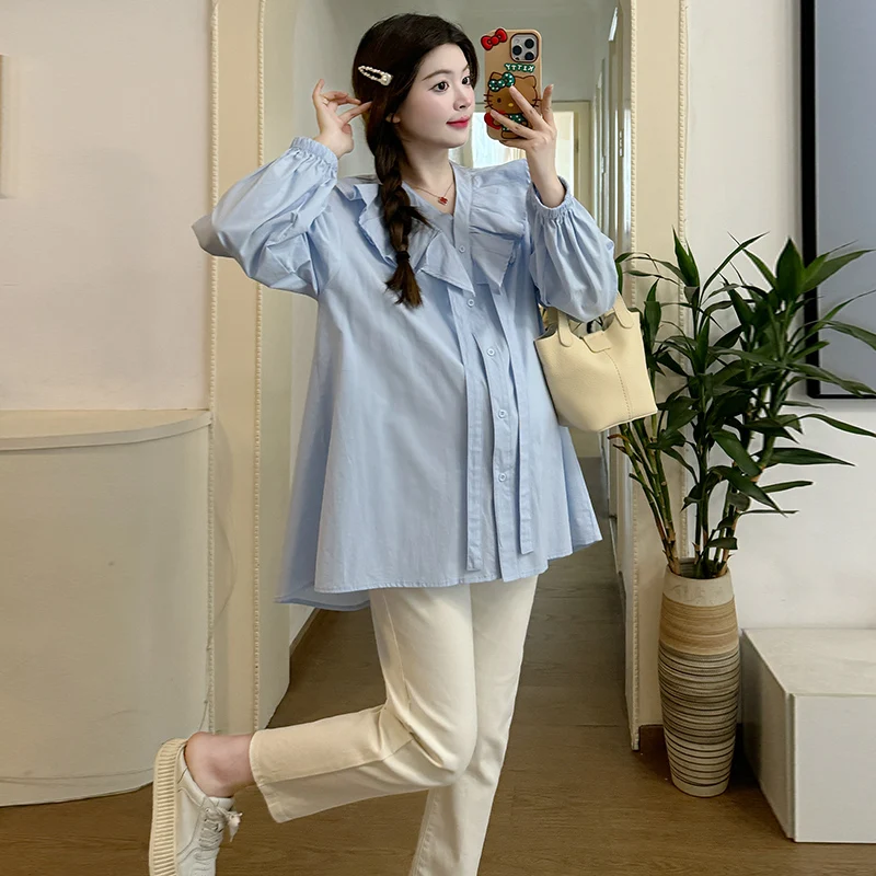 

2024 Autumn Maternity Shirts Long Sleeve Ruffles Peter Pan Collar Pregnant Woman Loose Blouses Irregular Plus Size Pregnancy Top