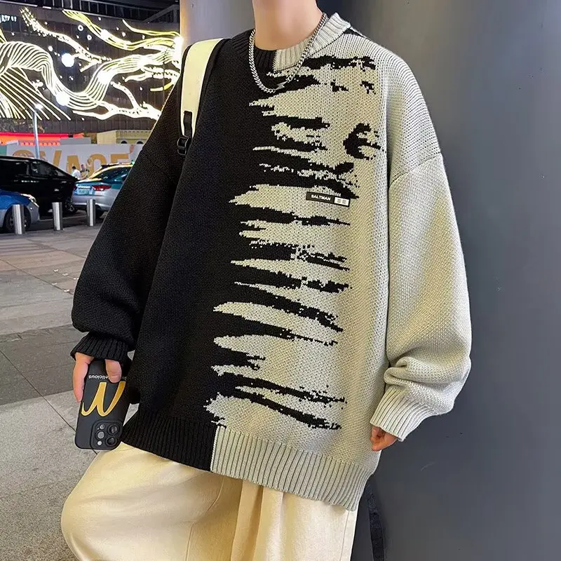 

Шерстяной вязаный мужской свободный уличный трикотаж с круглым вырезом и цветными блоками, трикотаж Pull Homme Y2K, осенний новый мужской пуловер, черные свитера