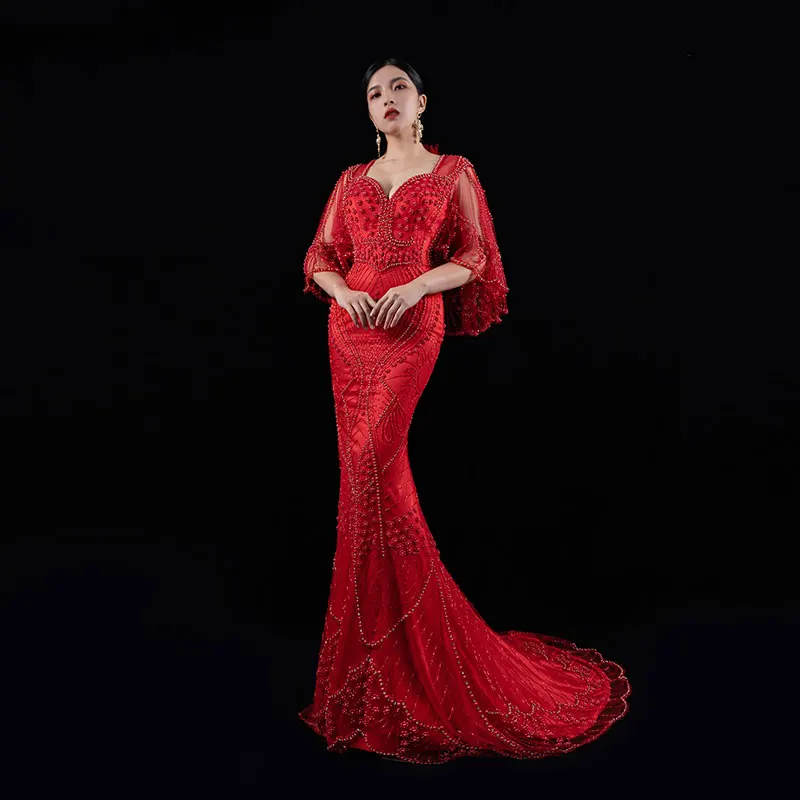 

Baisha Luxury Red Bridal Dress New Heavy Beaded Hollow Wedding Party Gown V Neck Evening Skirt For Women 431 فساتين طويلة