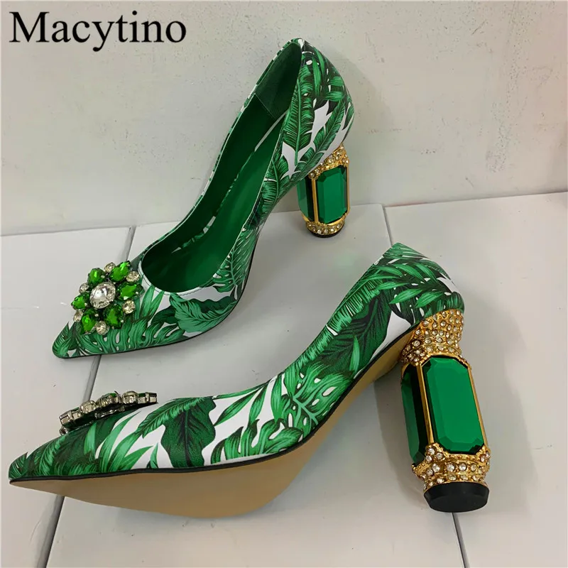 2024 New Arrival Print Design Ladies High Heel Shoes Pointed Toe Chunky Heel Diamond Heel Fashion Party High Heels