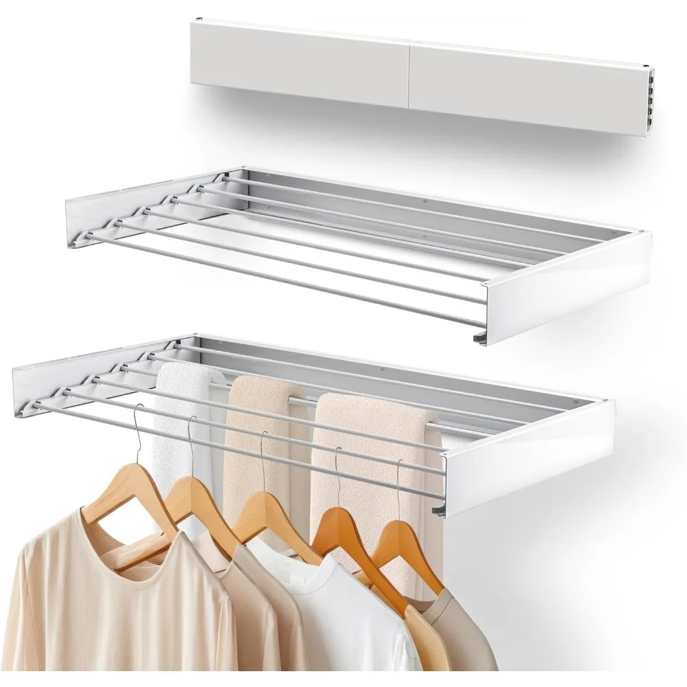 Collapsible Laundry Drying Rack Clothing, Large 40´, Space Saving Wall Mounted 6 Rods, Ideal for Family Use,