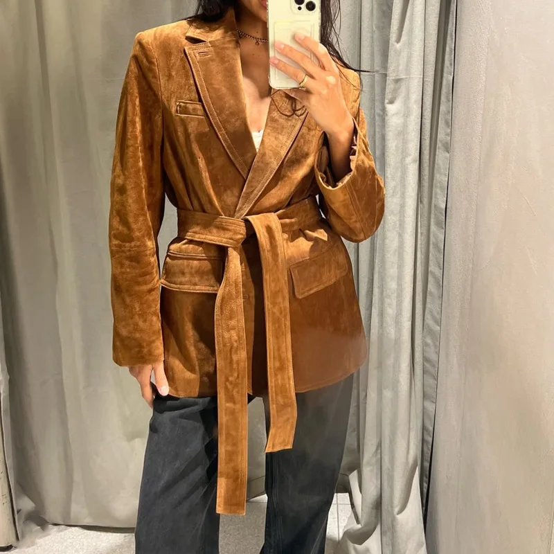 

Retro Lace Up Suede Blazers Women Autumn Long Sleeve Jacket Fashion Lady Coat with Belt Pocket Streetwear Chic Loose Female Suit