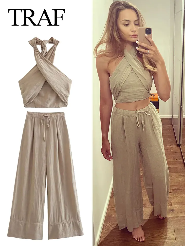TRAF Women Fashion Y2k Pant Set Solid Halter Neck Sleeveless Top + High Waist Drawstring Loose Trousers Suit Woman Streetwear