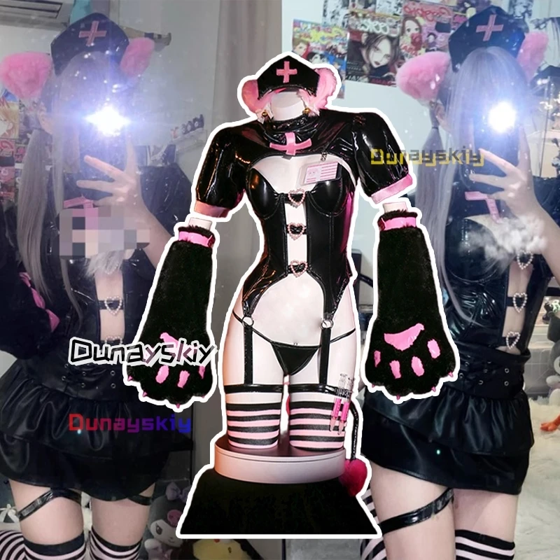 

Gothic Nurse Outfit 코스프레 Costumes Sexy Lingerie Top+Leather Miniskirt With Furry Paws &Thigh Socks For Anime/Halloween Show