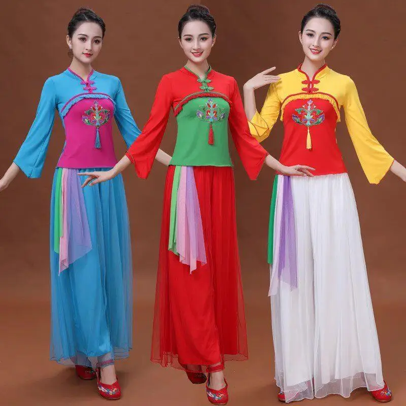 spring-night-square-dance-costume-women's-new-style-rice-crop-dance-fan-dance-performance-outfit-short-sleeve-long-skirt