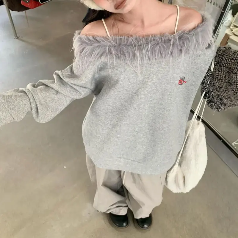 

Women's Clothing Korean Spliced Sweatshirts Hotsweet Off Shoulder Autumn Winter Fleece Slash Neck Chic Embroidery Loose Hoodies