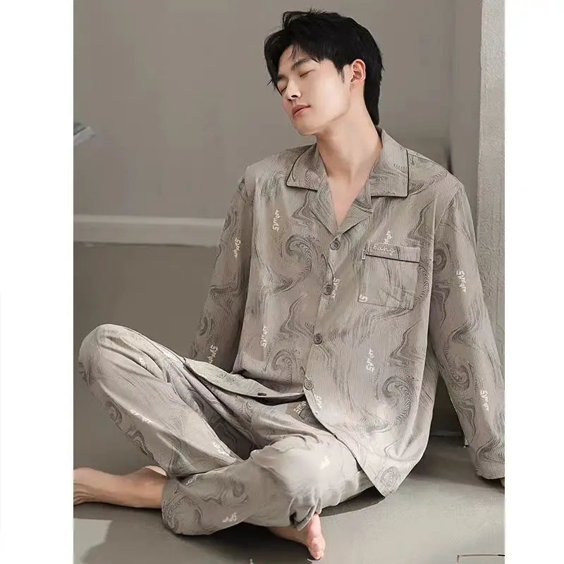 بيجامات رجالية عالية المظهر ومتعددة الاستخدامات بأكمام طويلة، وأزرار، كاجوال ويمكن ارتداؤها، وملابس منزلية فضفاضة