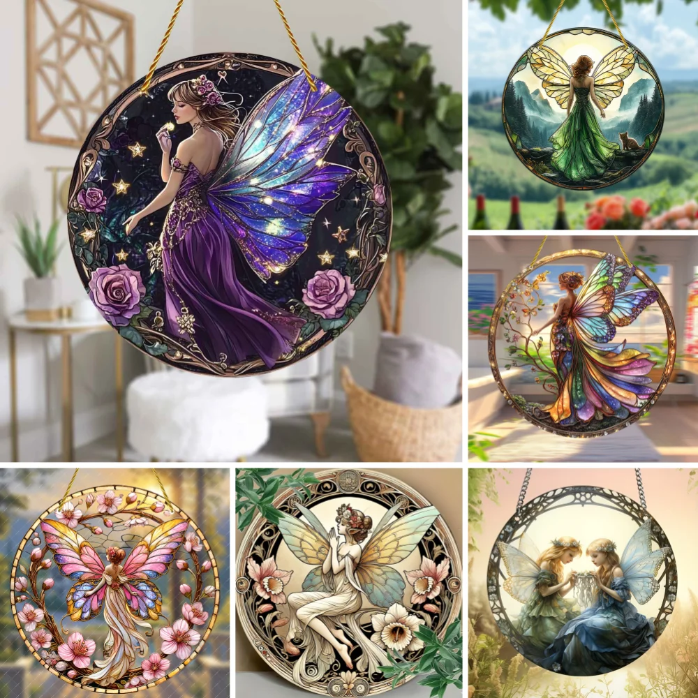Bezaubernder Feen-Sonnenfänger, Acryl-Hängedekoration für gebeiztes Fenster, Blumen- und Schmetterlingsmotiv für Schlafzimmer