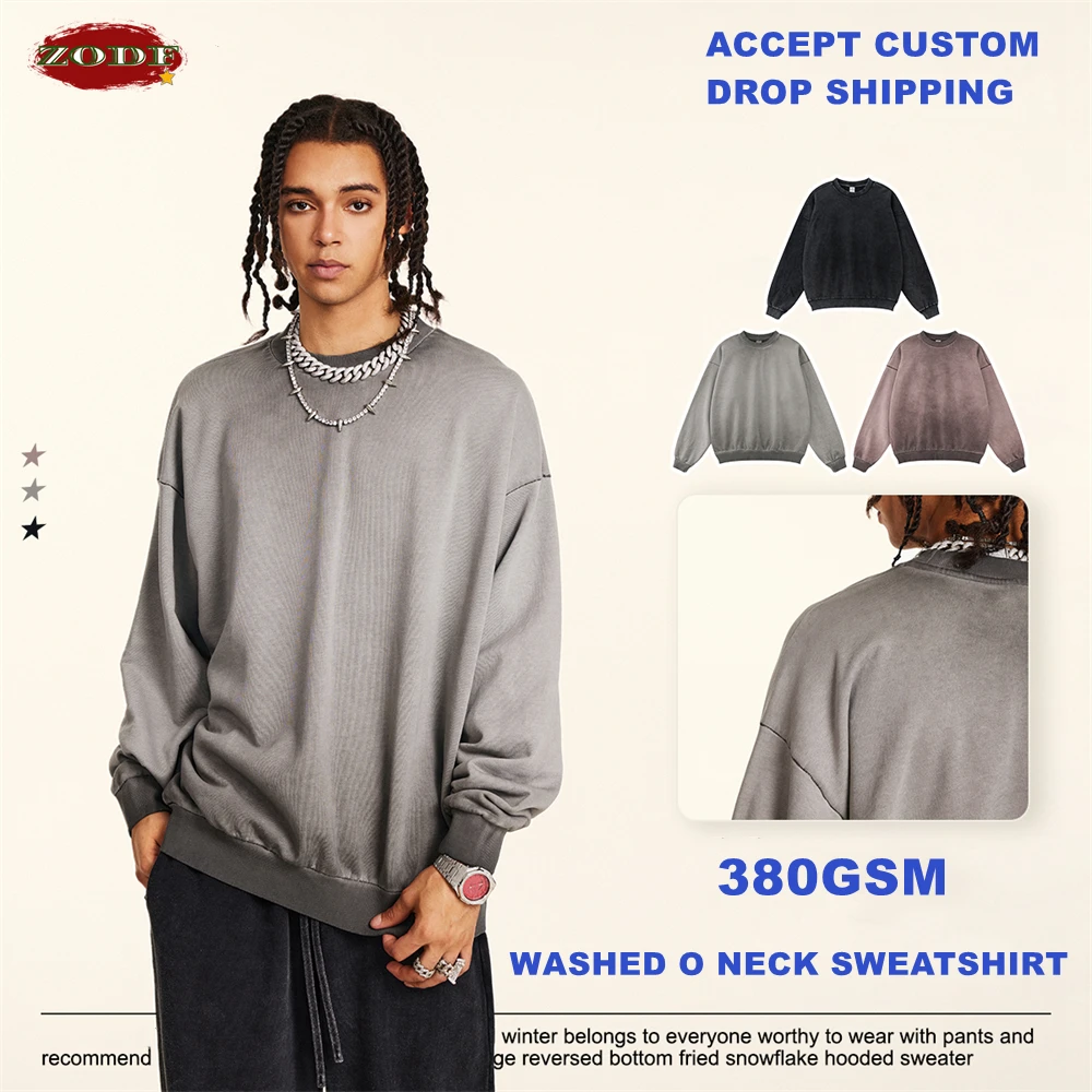 

ZODF New Autumn Men's 380gsm Washed Cotton Sweatshirts Unisex High Street Oversized Knitted 380gsm O-Neck Pullovers HY0915