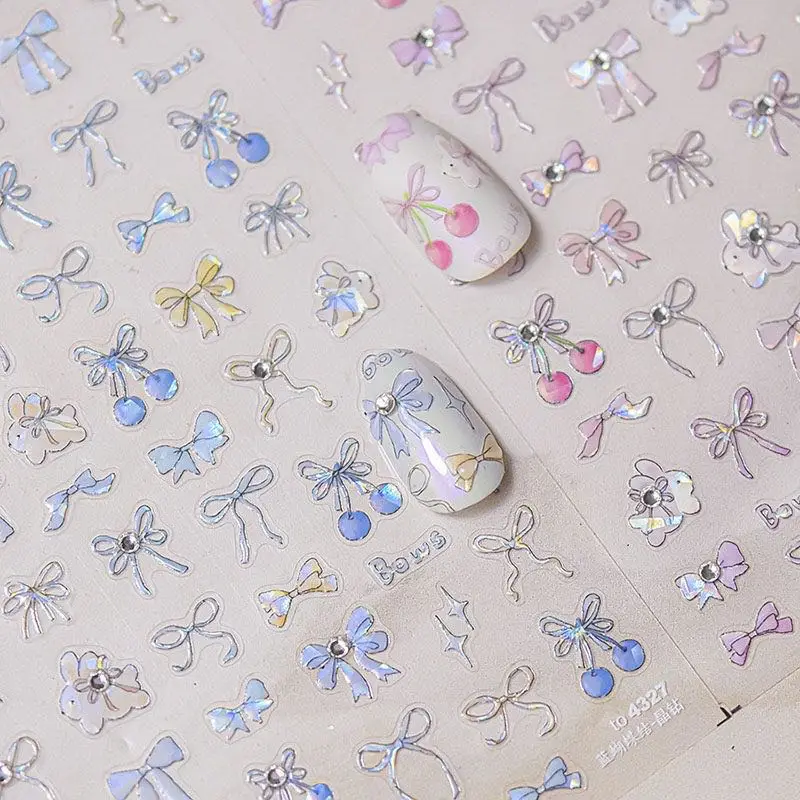 

5D Laser Crystal Diamond Bunny Nail Sticker Blue Pink Cute Cherry Bows Nail Art DIY Nail Accessories