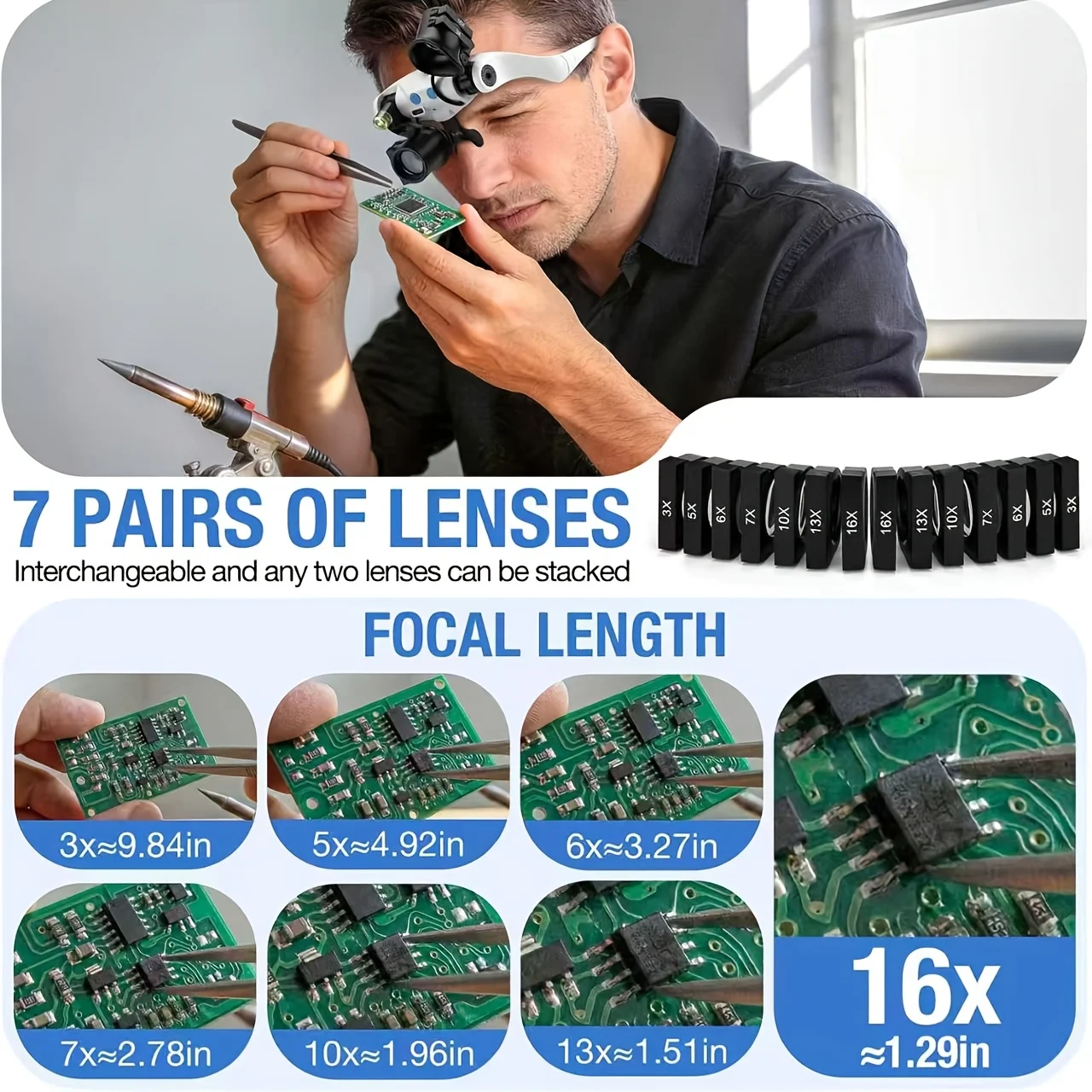 Am Kopf getragene LED-Lupenbrille + Mini-Klapplupe (2er-Pack) mit Aufbewahrungstasche und austauschbaren Linsen von 3X4X5X6X7X10X15X. Ideal für Arbeiten im Nahbereich, Uhrenreparaturen, Leiterplattenlöten, Handgravur und Schmuckidentifizierung. – Detail 6