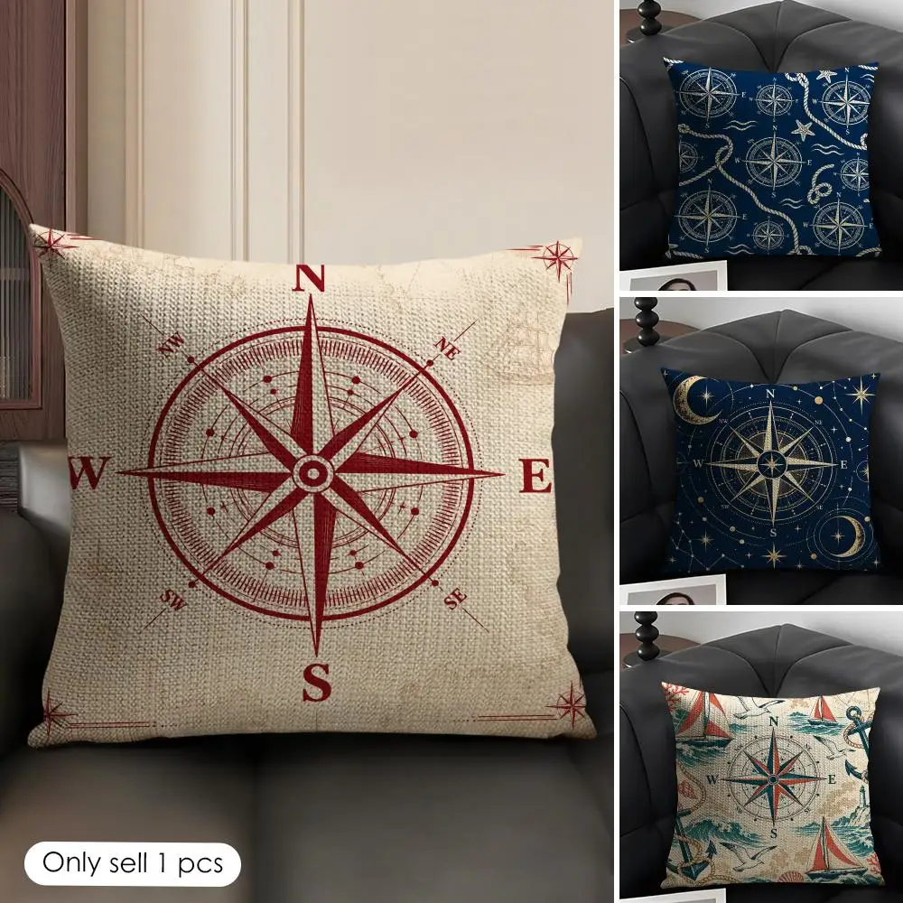 Nautical Compass Print Cushion Cover Skin-Friendly Organic Linen Pillow Cover Durable Hypoallergenic Washable Soft