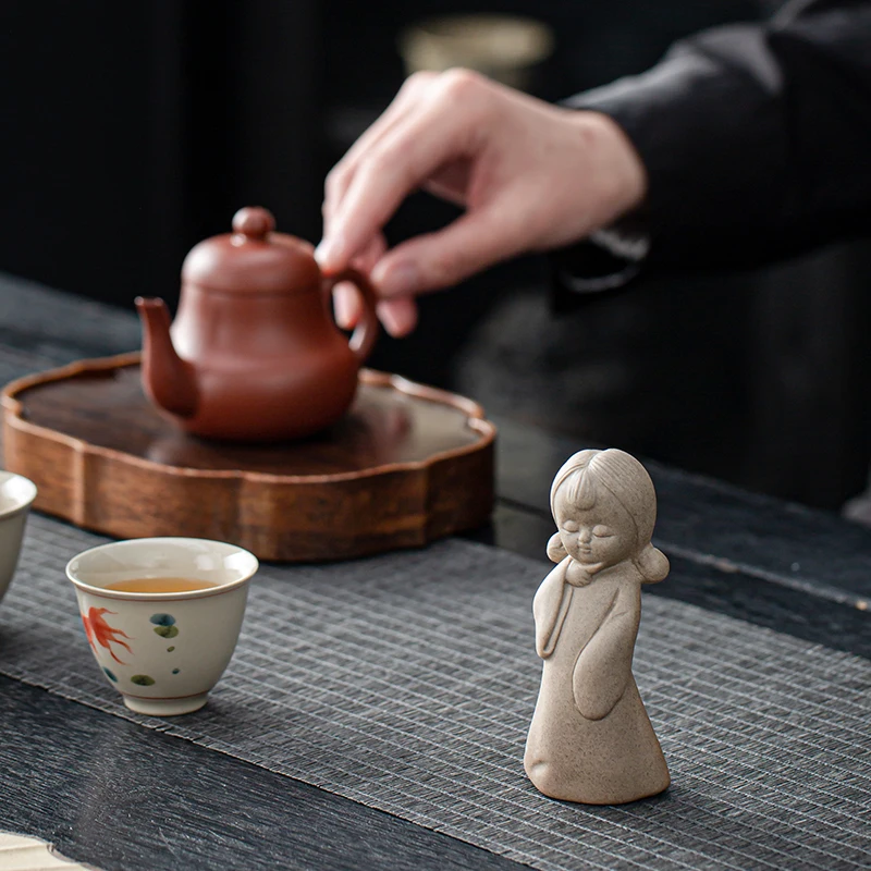 Chinese Coarse Pottery Tea Pet Handmade Ceramic Character Statue Ornaments Tea Figurine Crafts Teaware Decor Accessories view 3