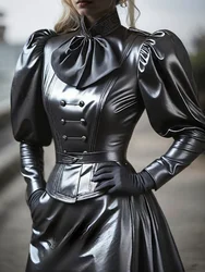 Faux Leather PU Top for Women Stand Collar Lantern Sleeve Biker High Street American Retro Blouse Vintage Cinched Bow T shirts