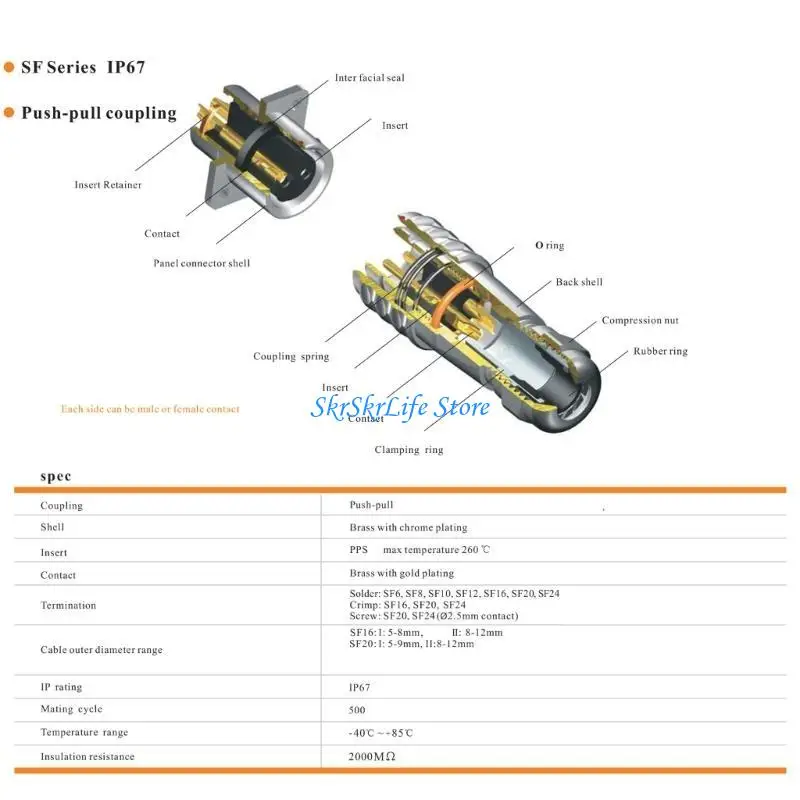 

E65E SF10 Industrial Connector Waterproof Plug and Socket Set, Metal Connectors Set Male Female Push Connectors Pair 2-5pin