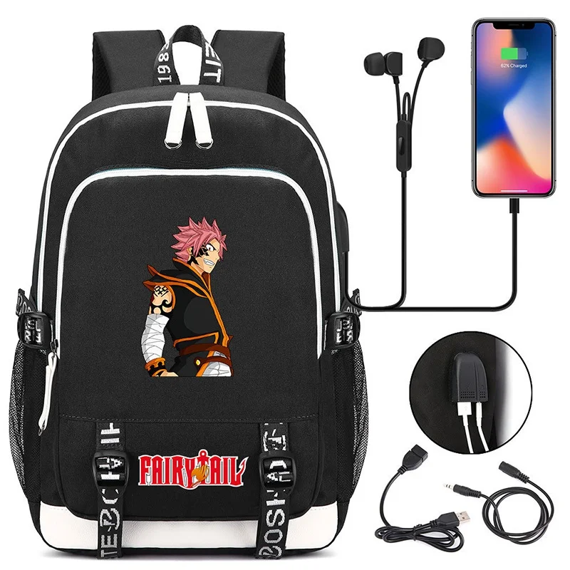 

Japan Anime Fairy Tails Backpack USB Charger Port Anime School Bags Men Women College Rucksack Laptop Bag for Teens