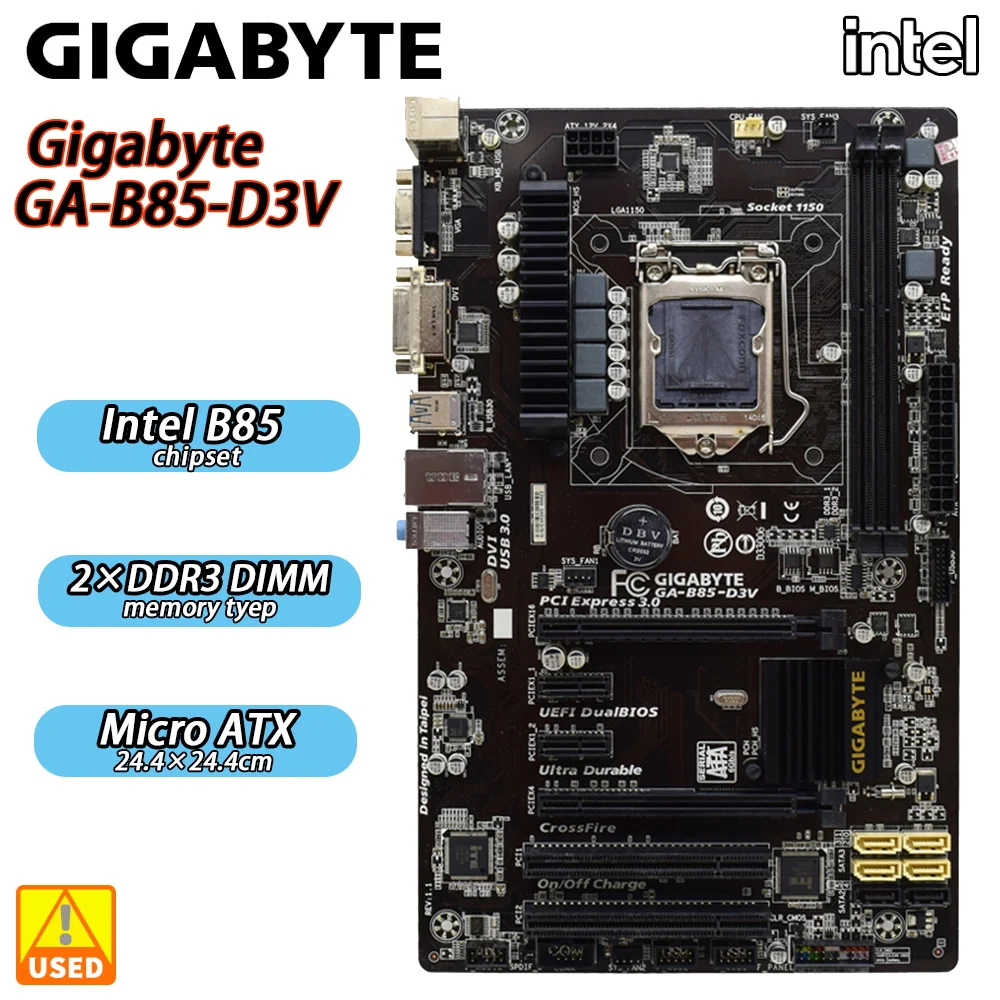 

LGA 1150 Motherboard Gigabyte GA-B85-D3V CPU Socket Supports Core 4th Gen i7/i5/i33 Series Processors 2×DDR3 DIMM 16G VGA DVI