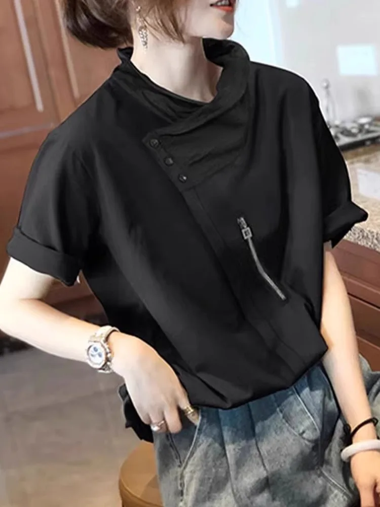 

Loose Korean Sle Pure Color Asymmetrical Design Slimming ort Sve T-irt Versatile Youthful Summer New Faion Top