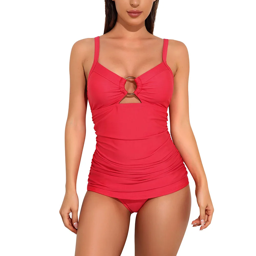 Anfilia Two Pieces Tankini Set For Women Retro Hollow Out V Neck Solid Swimsuit