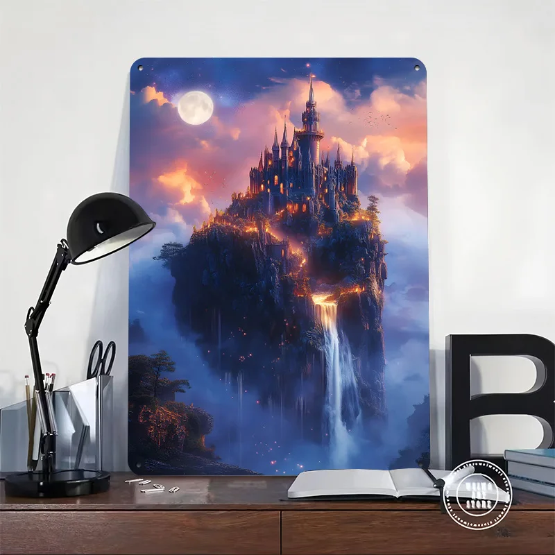 Fantasy Castle on Cliff 3D Texture Metal Poster Customized Wall Art Tin Sign Gift for Mancave Room Decor House Gaming Decoration