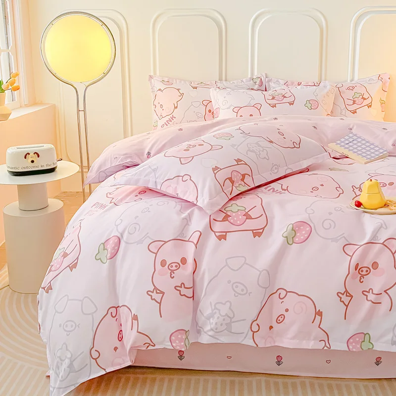 Cartoon Pink Pig Duvet Cover 4pcs Bedding Set Lovely Animal Quilt Cover Polyester Comforter Cover 1 Flat Sheet 2 Pillowcases