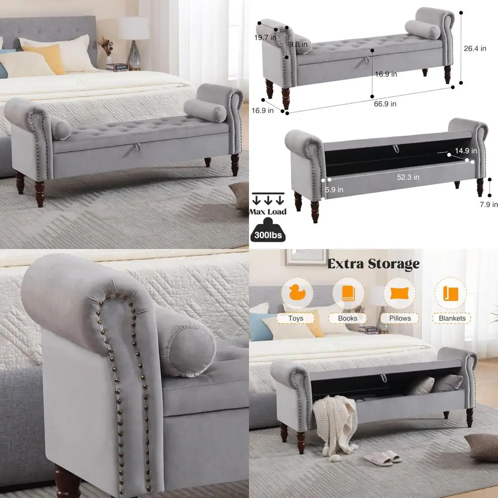 King Size Velvet Upholstered Storage Bench with Tufted Design for Bedroom Foot of Bed - Large Seating Space