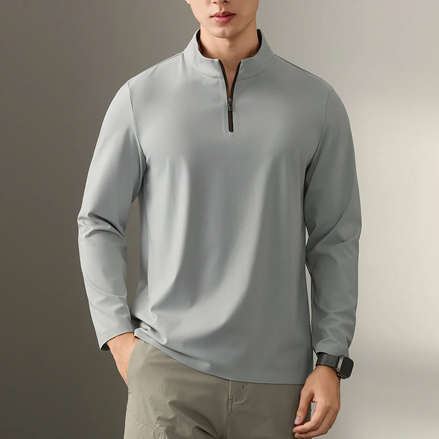 

Men Business Casual Elasticity Comfortable Long Sleeve Zipper Stand Collar T-shirt Man Streetwear T Shirts Tops Sport Tshirt