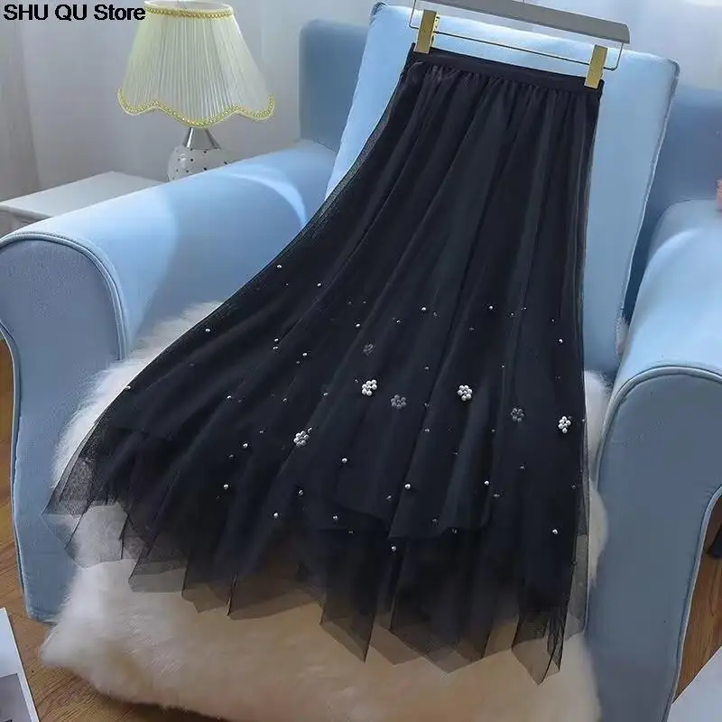 2025 New Irregular Beaded Gauze Skirt for Women's High Waist Fashionable All-match A-Line Mid-length Skirt Female Length