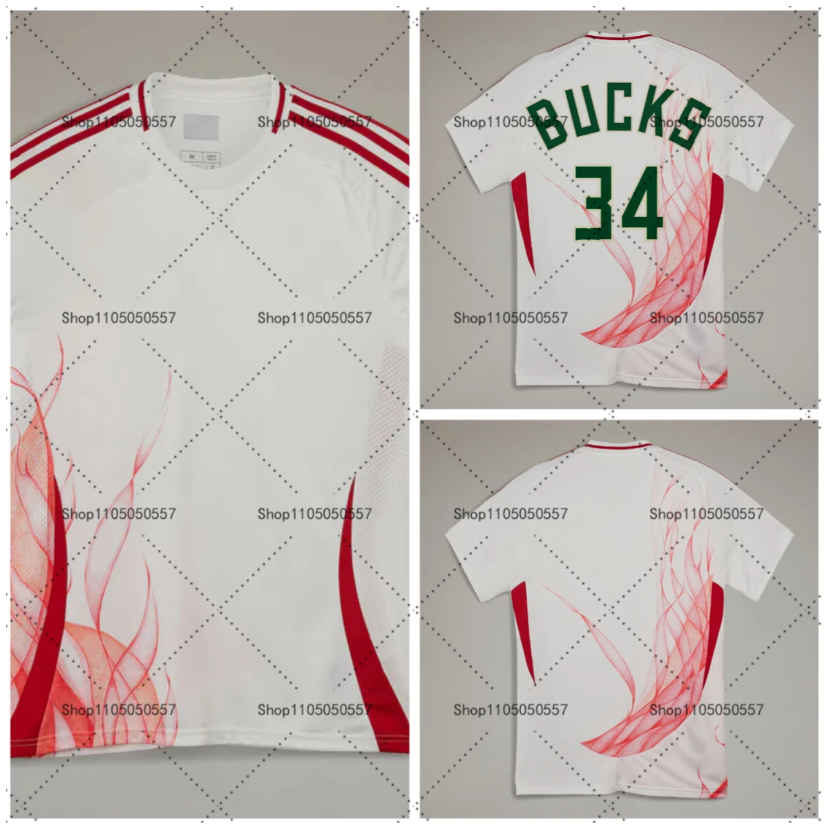 Stylish Bucks Jersey | #34, White & Red Flame Design,Basketball Fan Fashion,For Enthusiasts