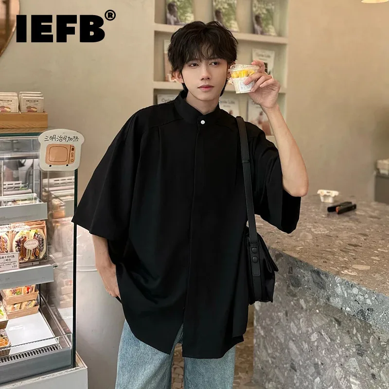 

IEFB Men's Shirt New Chinese Style Loose Stand Neck Short Sleeve Single Breasted Solid Color Fashion 2024 Summer New Top 9C5757