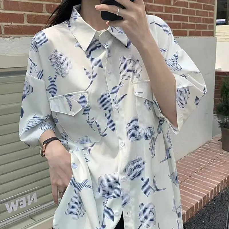 

American retro rose print short-sleeved shirt for women summer new Japanese college style loose shirt ins trendy Harajuku y2k