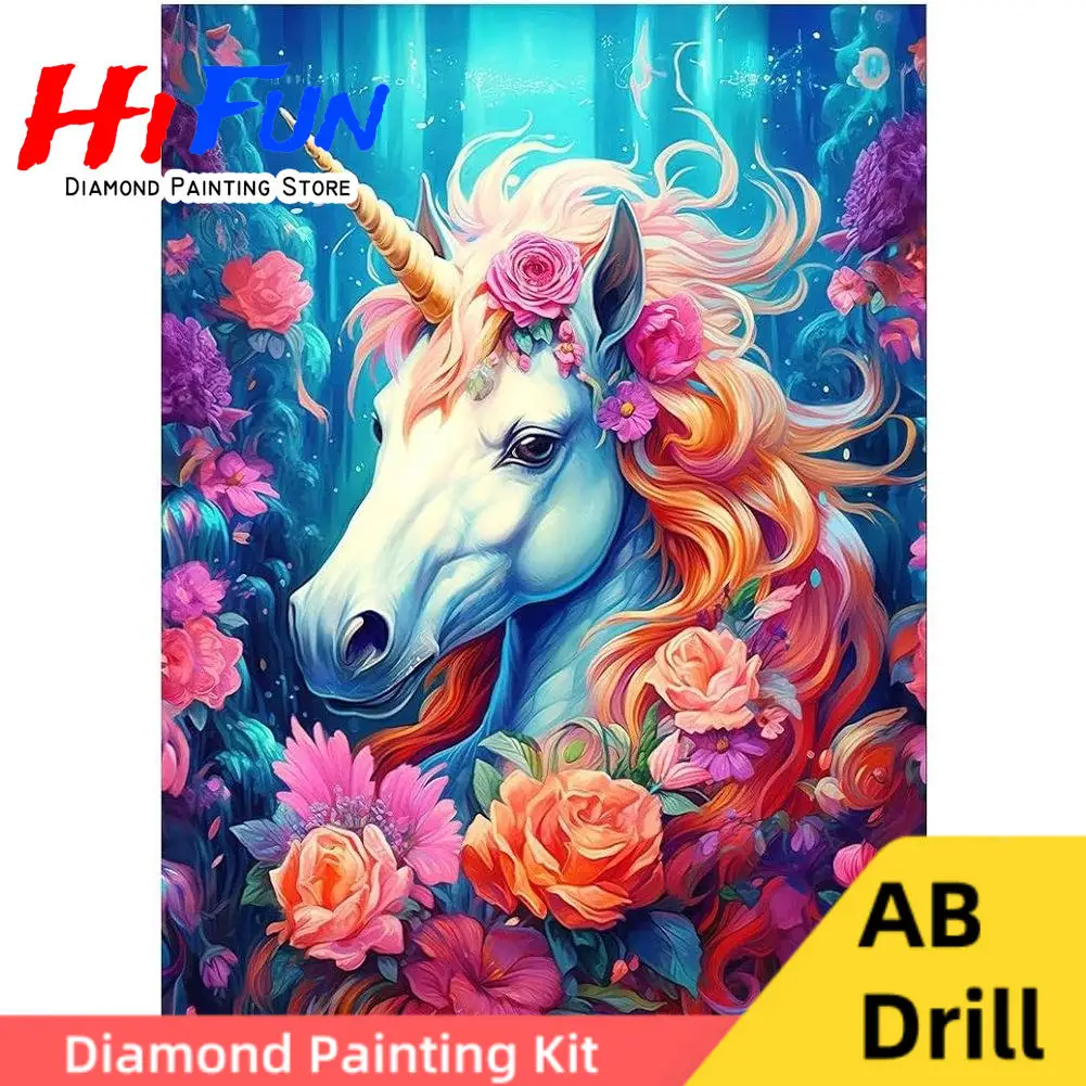 

Unicorn Horned Horse Diy 5d Diamond Painting Kits AB Drill Mythological Creatures Floral Embroidery Cross Stitch Bedroom Gift