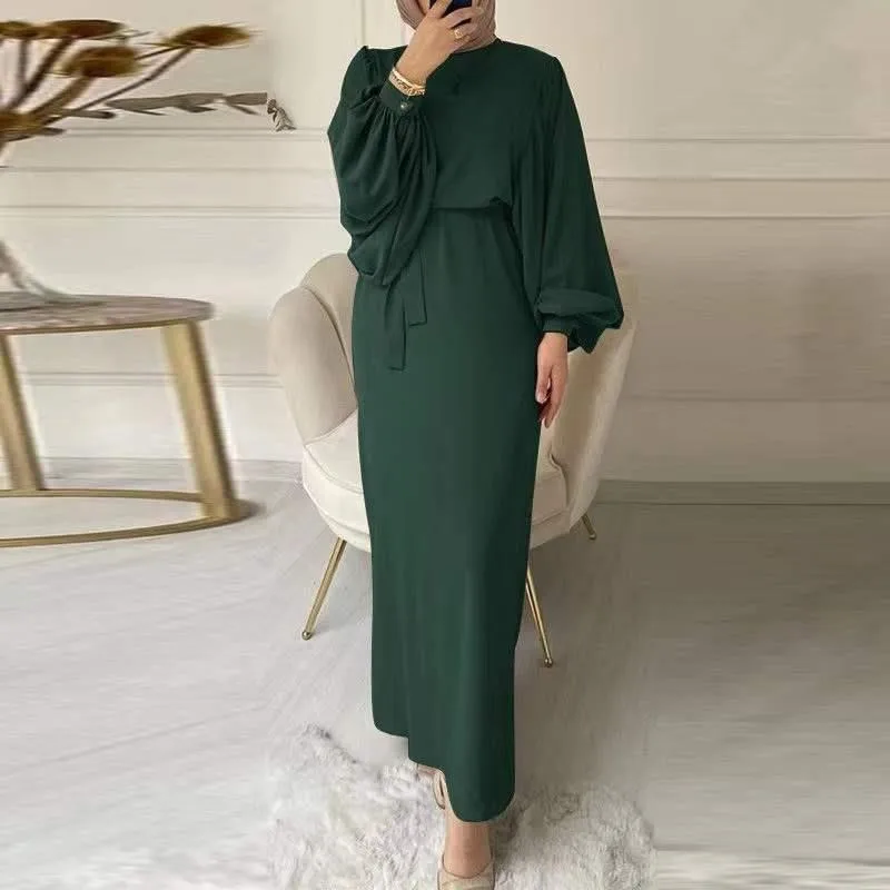 Boho Women\'s Dress Spring Fall Fashion Lantern Long Sleeve Belt Bag Hip O-Neck Casual Maxi Dresses For Women Robe Vestidos