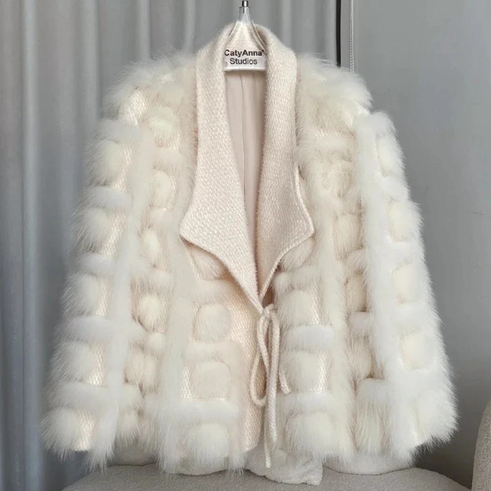 MENINA réel manteau de fourrure de renard femmes 2025 automne hiver tricoté Cardigan veste mélangée épais chaud nouvelle mode ceinture col rabattu