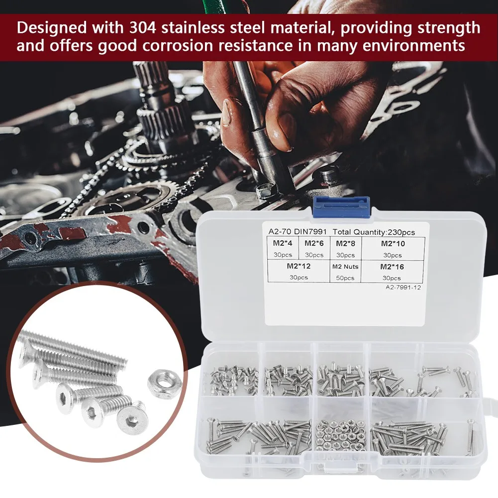 230pcs M2 304 Stainless Steel Flat Head Bolt Screws Nuts Assortment Kit with Box