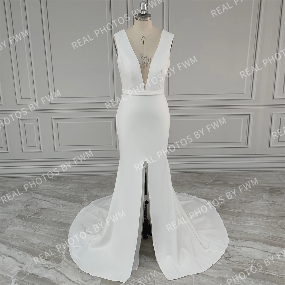 10515# Customzied Simple V-neck Beach Mermaid Satin Wedding Dress Sleeveless Front Slit Bridal Gown For Women Vestido De Novia