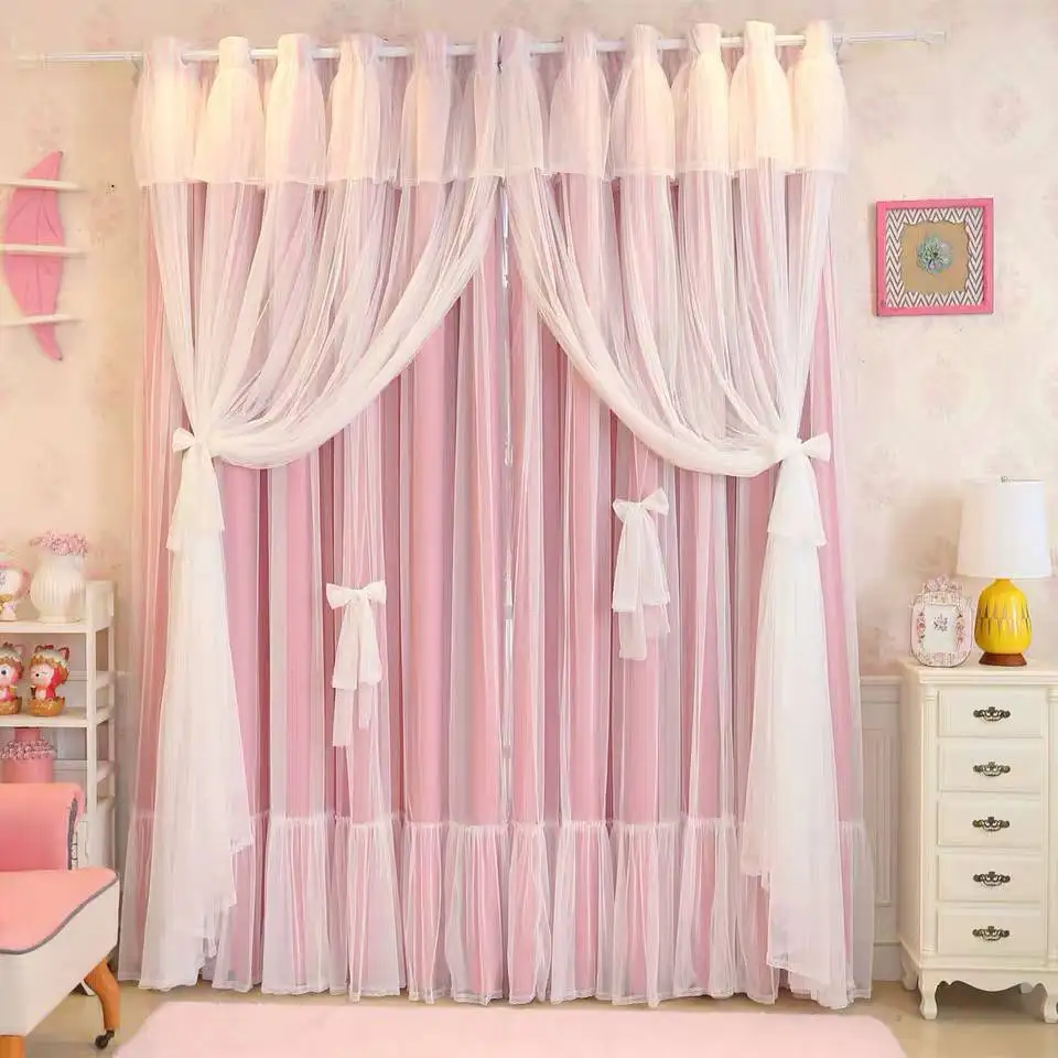 

New Korean Style Pink Princess Style Double-layer Curtain for Girls' Bedroom Blackout Curtain for Living Room