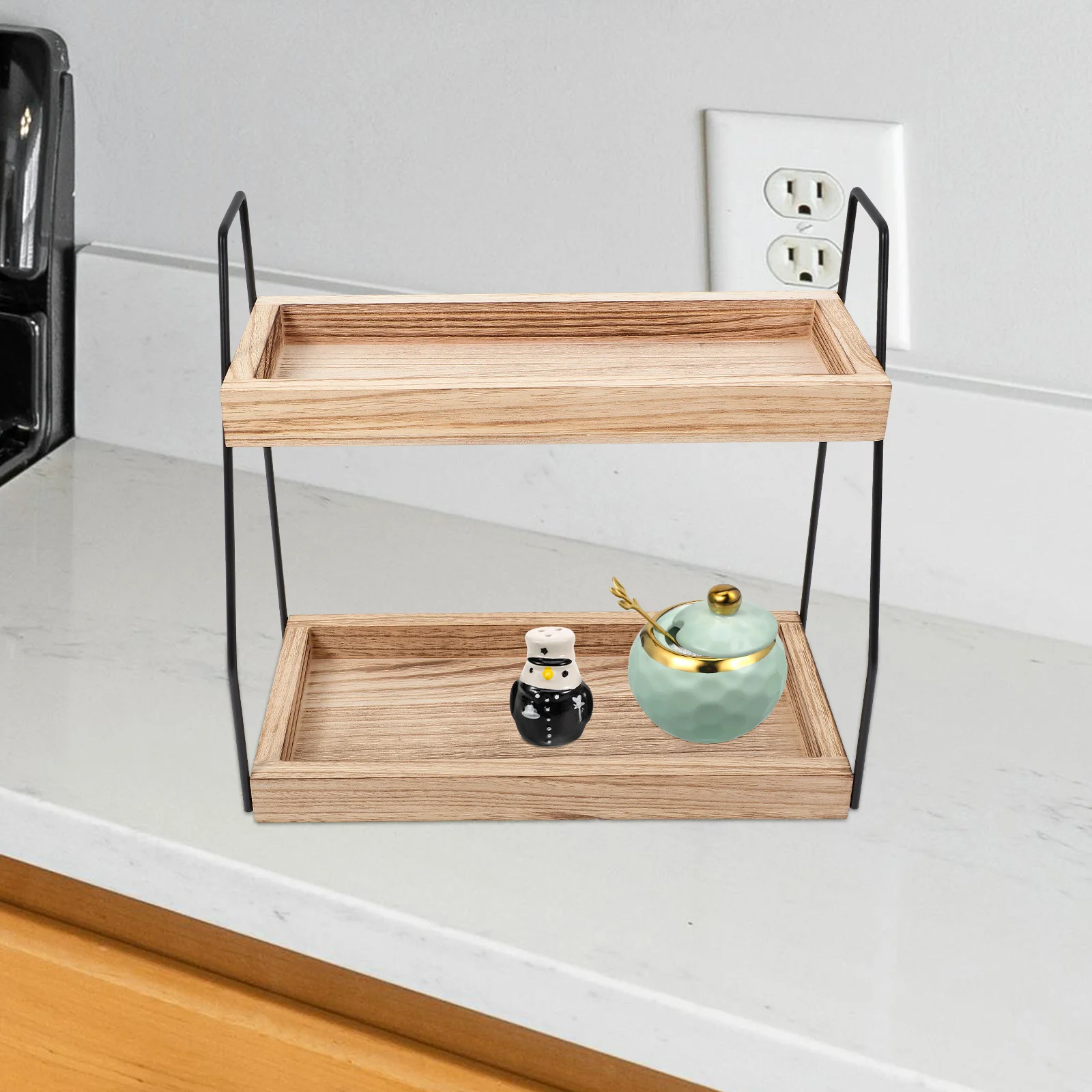 

2 Tier Wooden Iron Storage Rack Makeup Organizer Seasoning Holder Bathroom Toiletries Shelf Desktop Cosmetics Stand Double Layer
