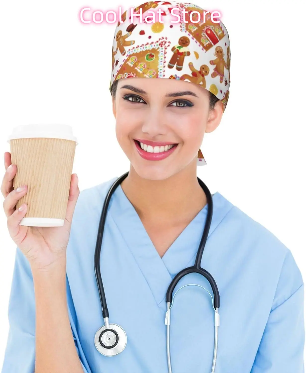 Topi Kerja Pria Gingerbread Topi Scrub dengan Pita Penahan Keringat Topi Perawat Wanita Uniseks Dapat Disesuaikan