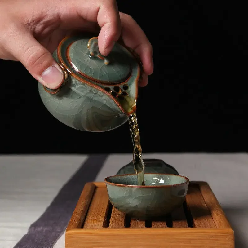 China Ceramic Longquan Celadon Portable Kung Fu Gaiwan Tea Set A Pot and Two Cup Teacup Dropshipping