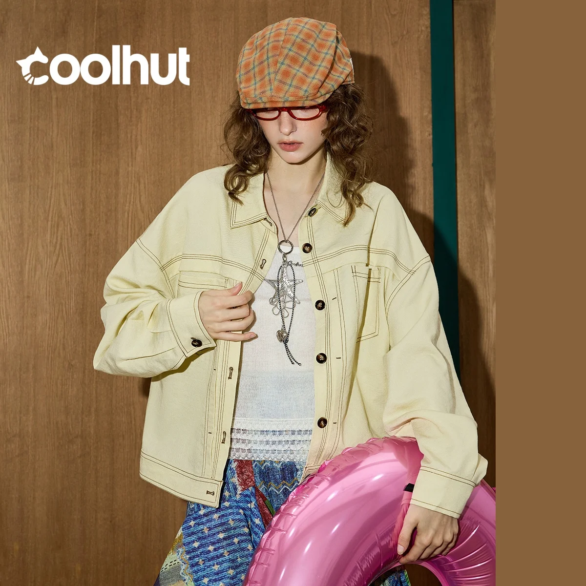 

COOLHUT Raw-Edge Women's Jacket Drop Shoulder Short Coat Contrast Stitching Stand Collar Design Grunge Revival Cropped Outerwear