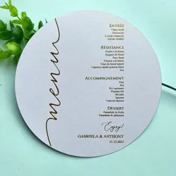 100pcs White Paper Wedding Party Table Decoration Menu Cards Hot Stamping Foil Gold Silver Words Custom Round Shape Cards