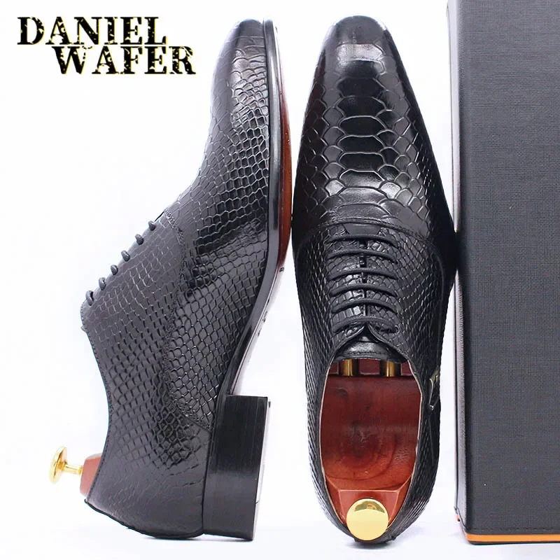 Moda masculina vestido sapatos de couro pele de cobra impressão clássico rendas oxford formal em vinho azul café preto - dedo do pé apontado