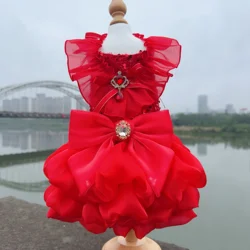 Fashion Red Pet Dog Clothes Luxury Handmade Cotton Lace Crystal Bow Princess Dress For Small Medium Dog Poodle Puppy Coat Skirts