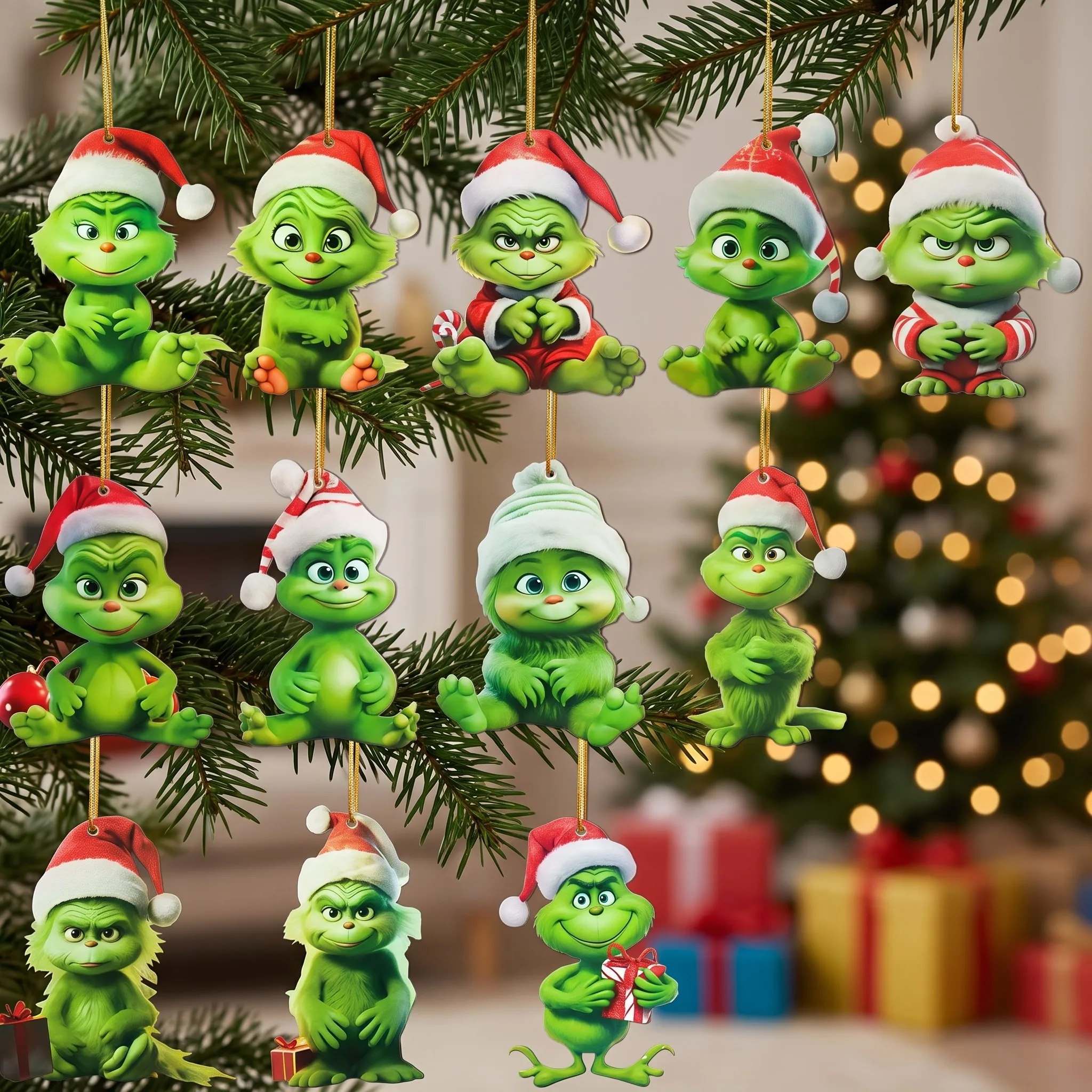 [2D Plan] 12 Greentown themed 2D acrylic hanging decorations, party decoration accessories, Christmas tree pendants